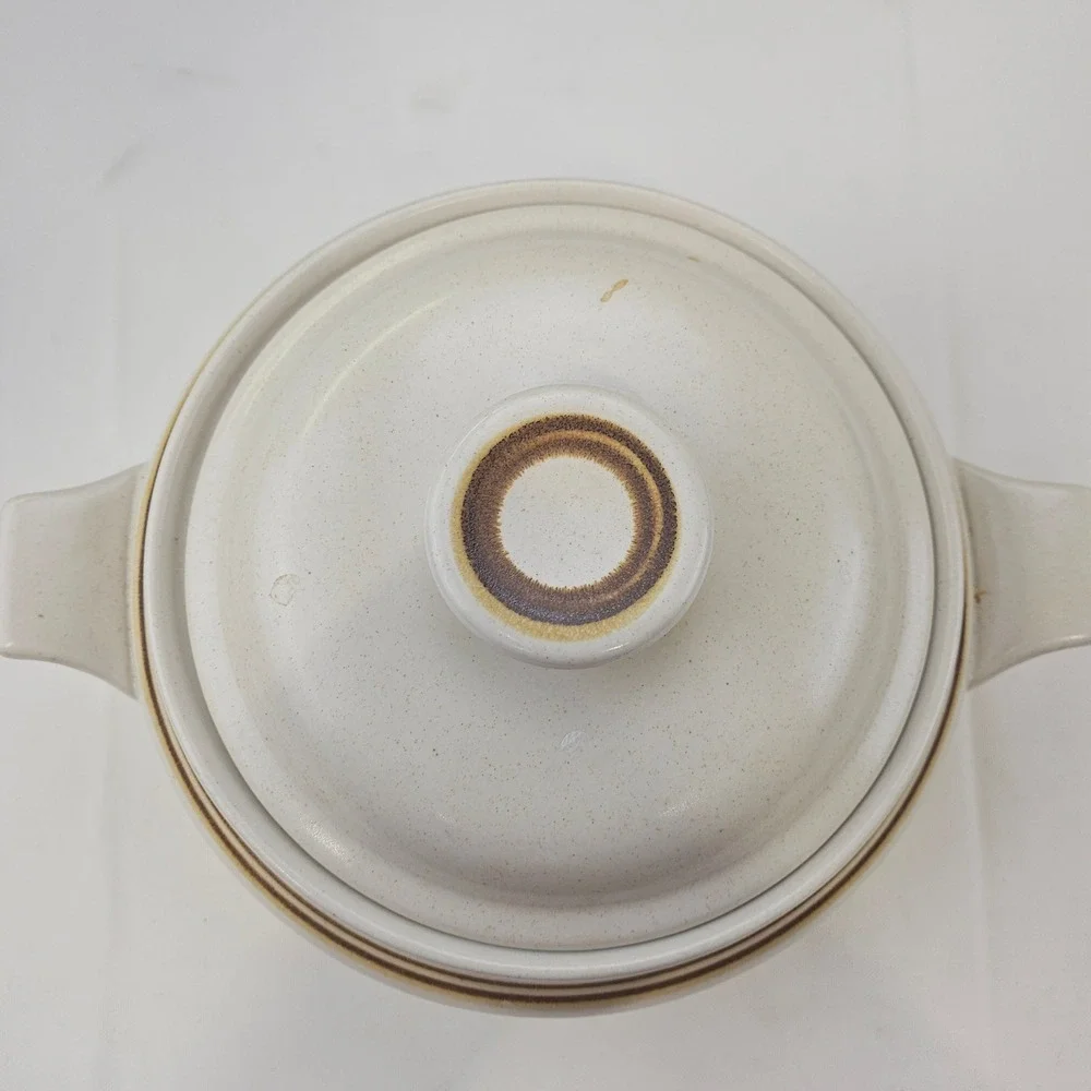 Woodberry Collection Stoneware Casserole Dish with Lid Cream Brown Striped Japan